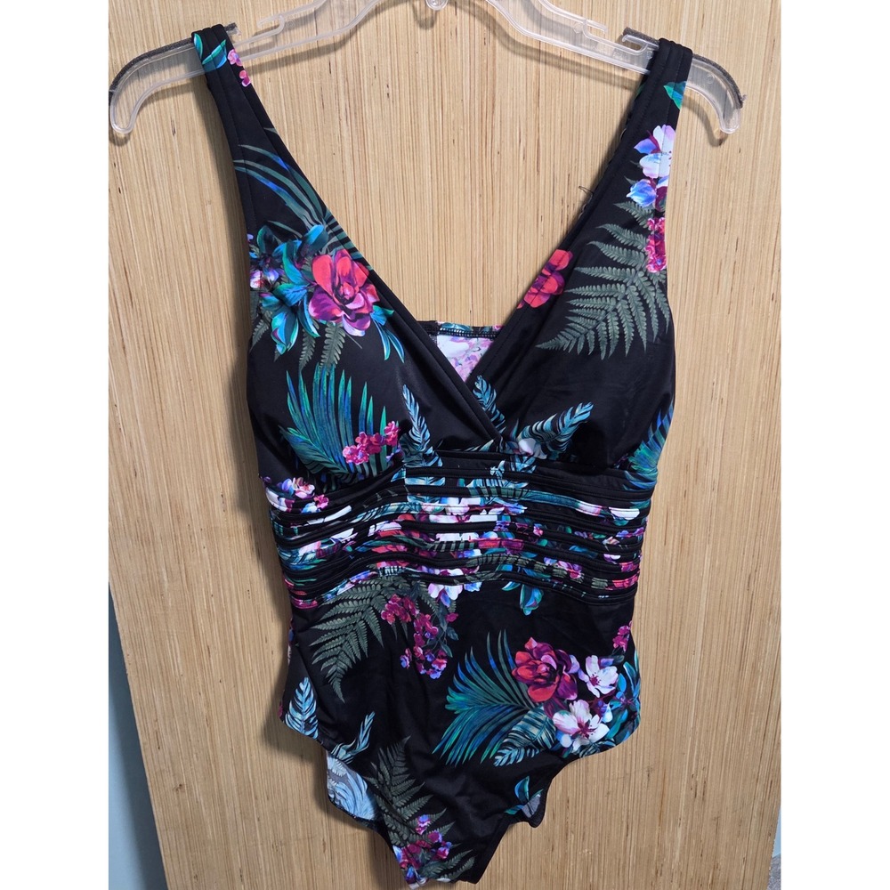 Aqua Green Sz XL Womens Tropical Floral One Piece Swimsuit Black V-Neck